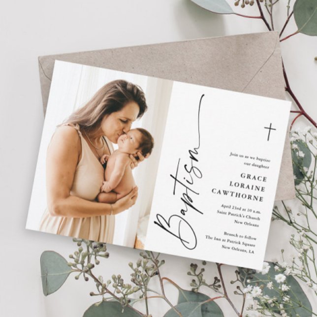 Modern Elegant Script White Photo Baptism Invitation (Modern script photo baptism invitations.)