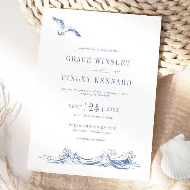 Modern Elegant Seaside Coastal Blue Wedding Invitation (Creator Uploaded)