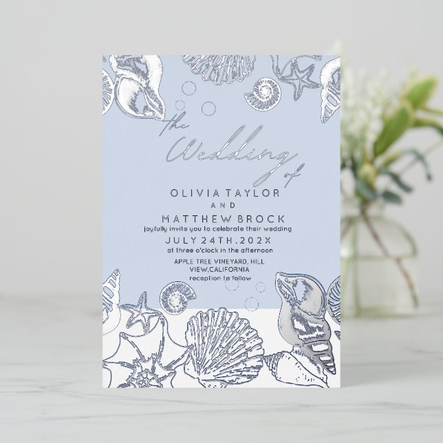 Modern Elegant Shells Real Foil Wedding Invitation (Standing Front)
