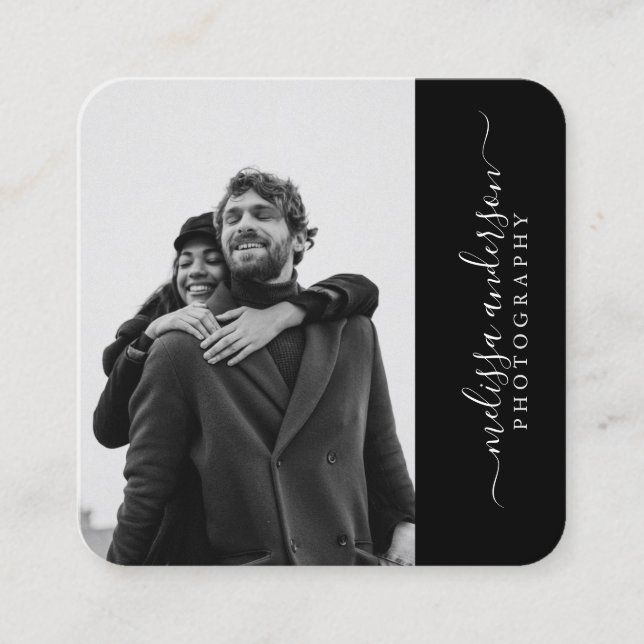 Modern Elegant Signature Photography Square Business Card (Front)