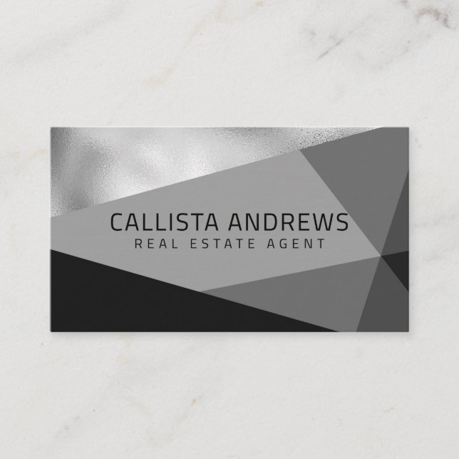 Modern Elegant Silver Black Grey Geometric Business Card (Front)
