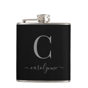 Modern Elegant Silver Black Monogram Script Hip Flask