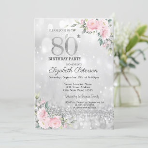 Modern Elegant Silver Bokeh Floral 80th Birthday Invitation