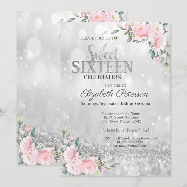 Modern Elegant Silver Bokeh Floral  Sweet 16  Invitation (Front/Back)