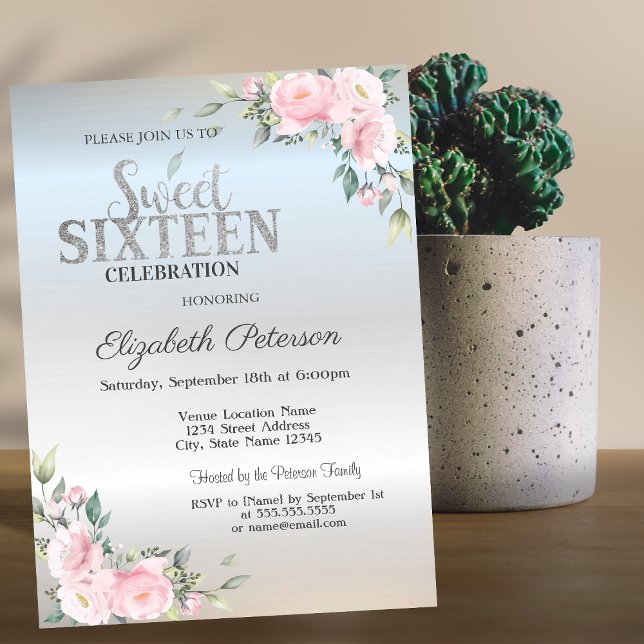Modern Elegant Silver Bokeh Floral  Sweet 16  Invitation (Creator Uploaded)