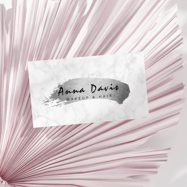 Modern elegant silver brushstroke makeup & hair business card (Creator Uploaded)