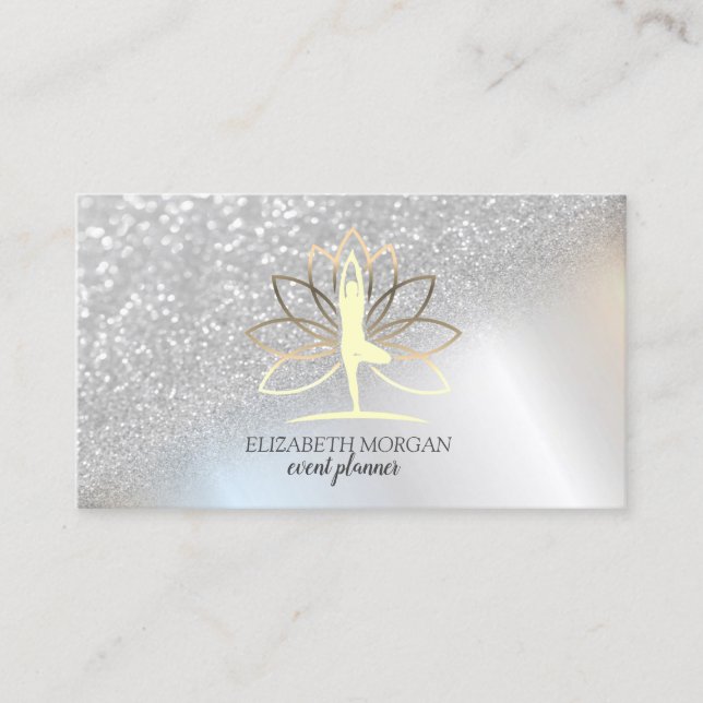 Modern Elegant  Silver Glitter Bokeh Womwn Lotus Business Card (Front)