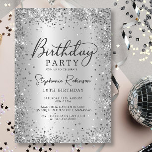Modern Elegant Silver Glitter Metal 18th Birthday  Invitation
