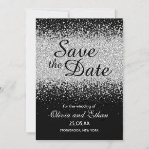 Modern Elegant Silver Glitter on Black Save The Date