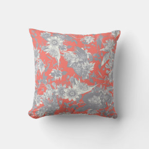 Modern Elegant Silver Grey Coral Passion Flowers Cushion