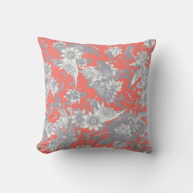 Modern Elegant Silver Grey Coral Passion Flowers Cushion (Front)