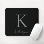 Modern Elegant Silver Monogram Script Black Mouse Mat<br><div class="desc">Modern Elegant Silver Monogram Script on a chic black mouse pad. Easy to customise with your own name and details. Perfect for your modern minimalist yet luxury lifestyle! Please contact us at cedarandstring@gmail.com if you need assistance with the design or matching products.</div>
