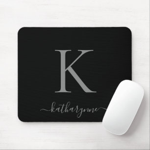 Modern Elegant Silver Monogram Script Black Mouse Mat