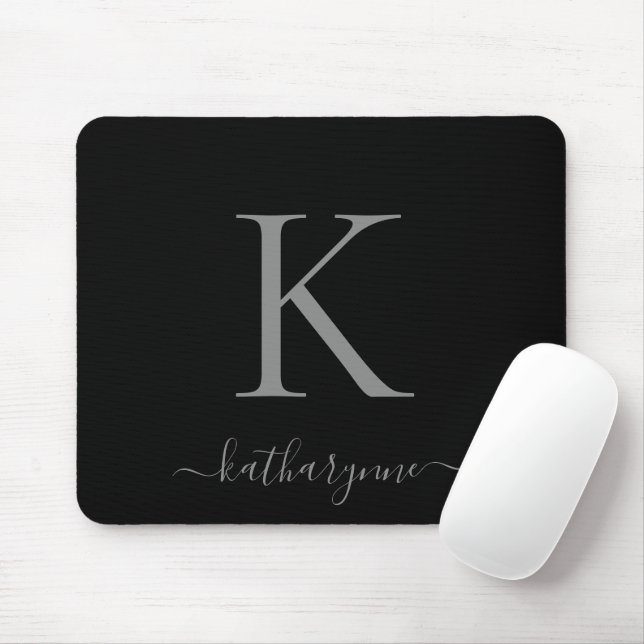 Modern Elegant Silver Monogram Script Black Mouse Mat (With Mouse)