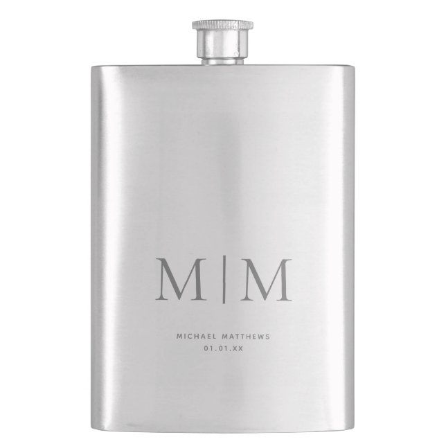 Modern Elegant Silver Monogrammed Initial Classic Hip Flask (Front)