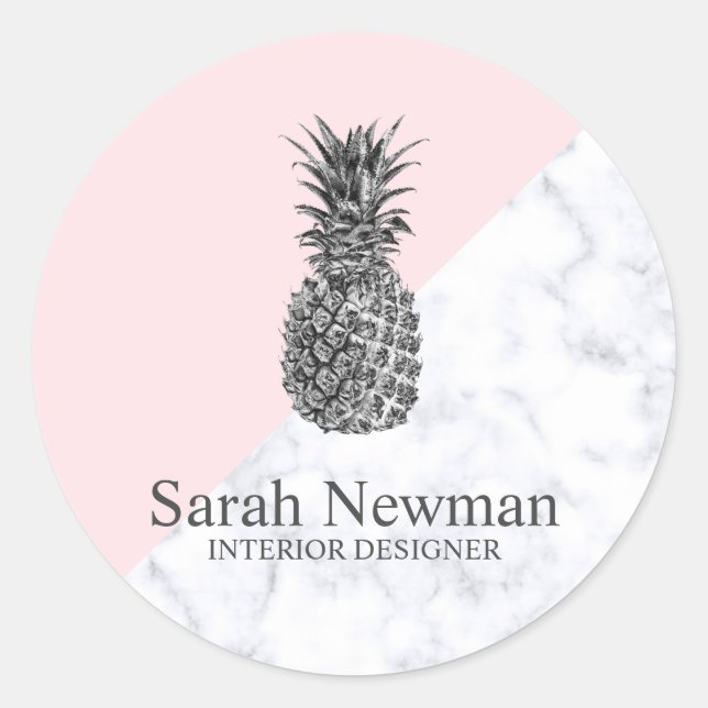 Modern elegant silver pineapple pink classic round sticker (Front)