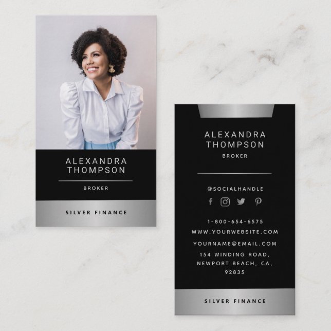 Modern Elegant Silver Stripe Professional Photo Business Card (Front/Back)
