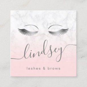 Modern elegant silver white marble pink lashes square business card