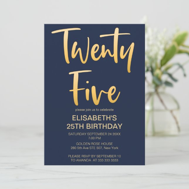 Modern Elegant Simple Blue 25TH Birthday Party Invitation (Standing Front)