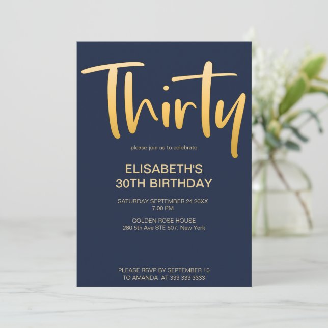 Modern Elegant Simple Blue 30th Birthday Party Invitation (Standing Front)