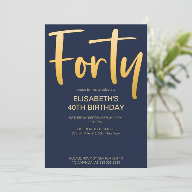 Modern Elegant Simple Blue 40th Birthday Party Invitation (Standing Front)