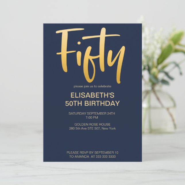 Modern Elegant Simple Blue 50th Birthday Party Invitation (Standing Front)