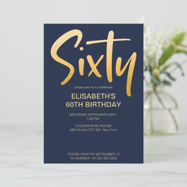 Modern Elegant Simple Blue 60th Birthday Party Invitation (Standing Front)