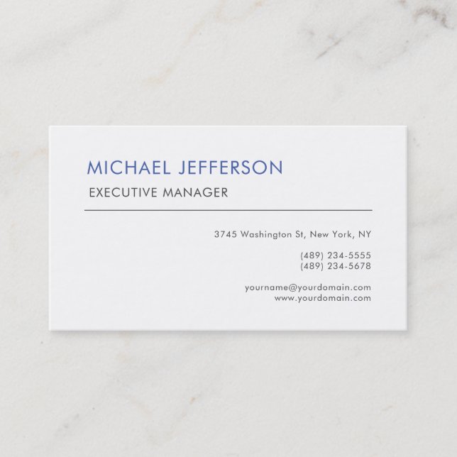 Modern Elegant Simple Blue White Business Card (Front)