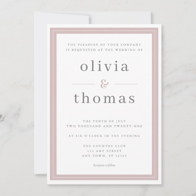 Modern Elegant Simple Blush Pink Border Wedding Invitation (Front)