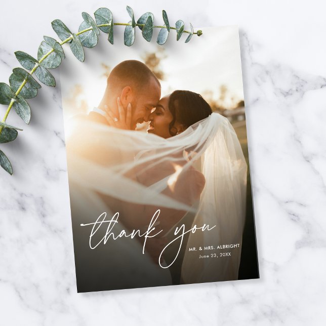 Modern Elegant Simple Calligraphy Photo Wedding Thank You Card (Creator Uploaded)