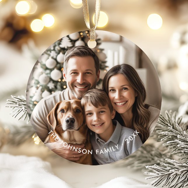 Modern Elegant Simple Christmas Family Photo Round Ceramic Tree Decoration (Modern boho elegant holiday photo ornament. Personalize with your favorite family photo, name & year)