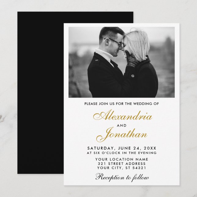 Modern Elegant Simple Couple Photo Wedding Gold BW Invitation (Front/Back)