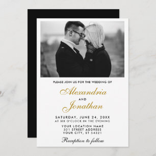 Modern Elegant Simple Couple Photo Wedding Gold BW Invitation
