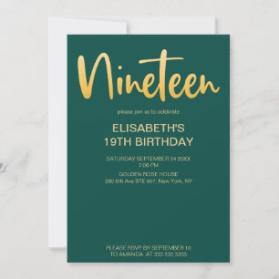 Modern Elegant Simple Green 19 Birthday Party Invitation