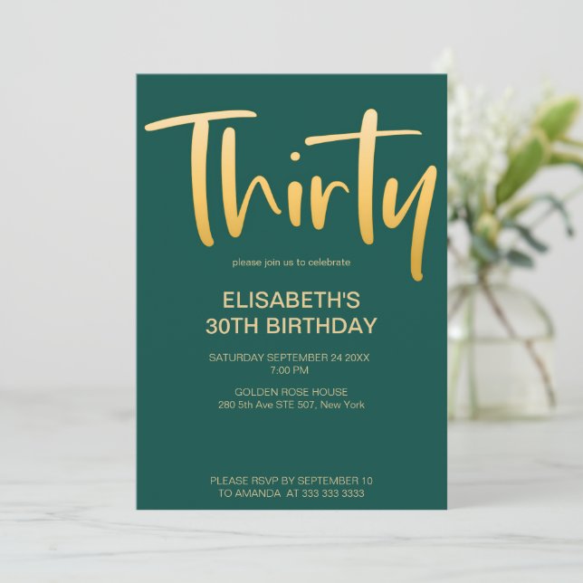 Modern Elegant Simple Green 30th Birthday Party Invitation (Standing Front)