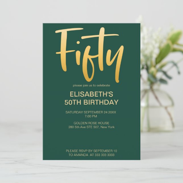Modern Elegant Simple Green 50th Birthday Party Invitation (Standing Front)