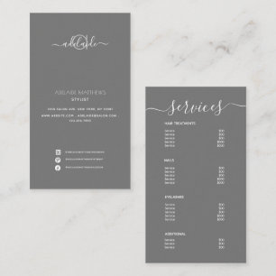 Modern Elegant Simple Grey Spa Salon Service Menu Business Card