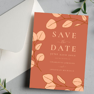 Modern Elegant Simple Leaf Peach Wedding Save The Date
