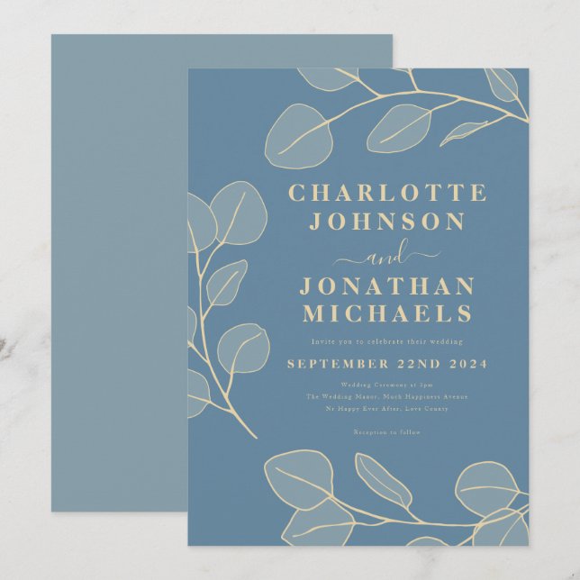 Modern Elegant Simple Leaves Blue Invitation (Front/Back)