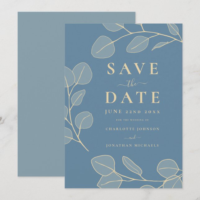 Modern Elegant Simple Leaves Blue Wedding Save The Date (Front/Back)