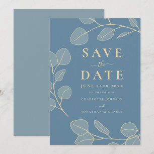 Modern Elegant Simple Leaves Blue Wedding Save The Date