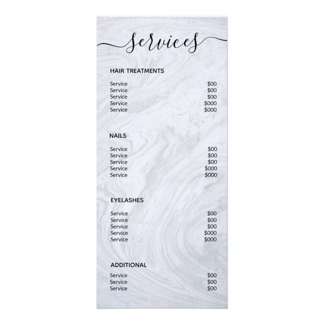 Modern Elegant Simple Marble Salon Service Menu (Back)