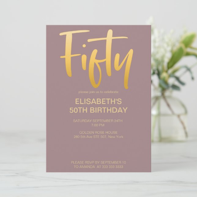 Modern Elegant Simple Mauve 50th Birthday Party Invitation (Standing Front)