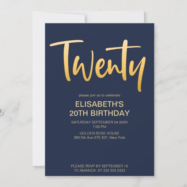 Modern Elegant Simple Navy Blue 20 Birthday Party Invitation (Front)