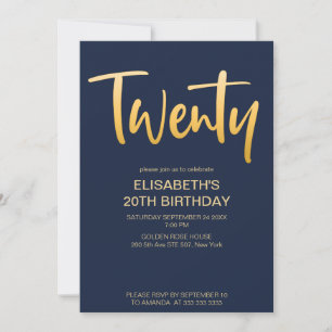 Modern Elegant Simple Navy Blue 20 Birthday Party Invitation