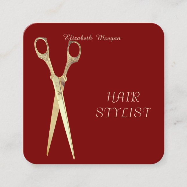 Modern Elegant Simple Plain,Gold Scissors Red Square Business Card (Front)