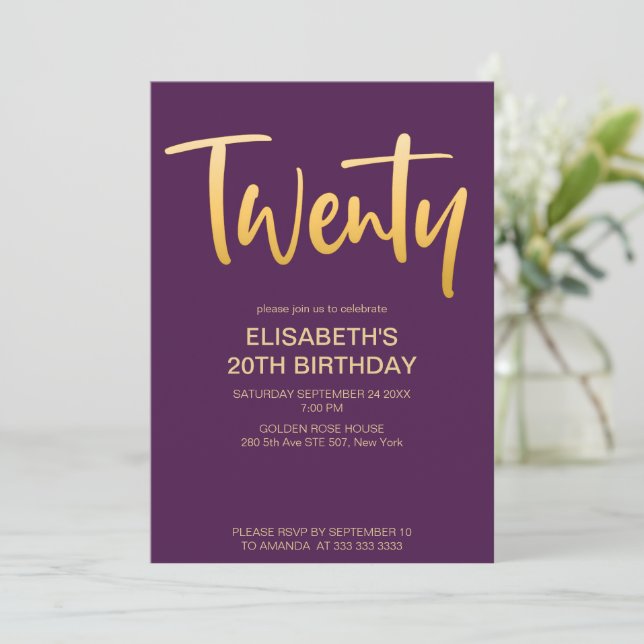 Modern Elegant Simple Purple 20 Birthday Party Invitation (Standing Front)