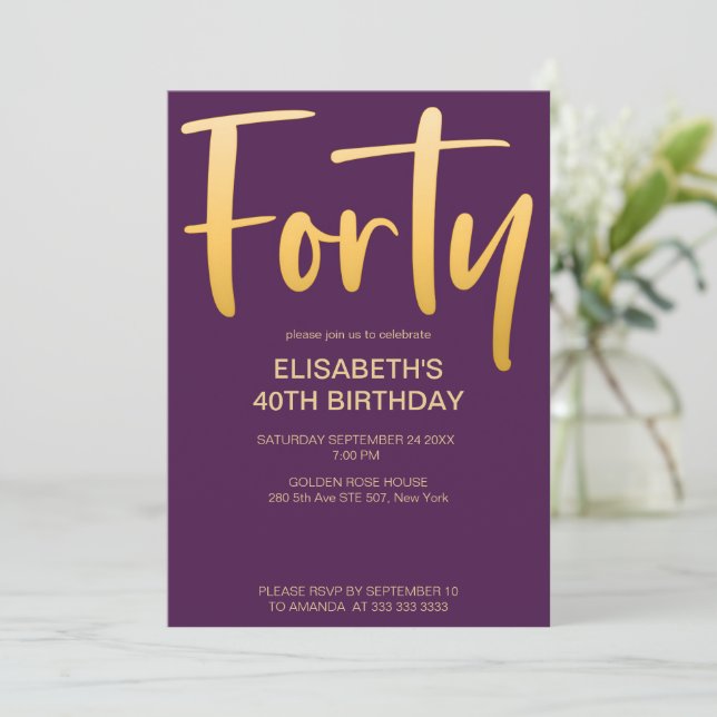 Modern Elegant Simple Purple 40th Birthday Party Invitation (Standing Front)