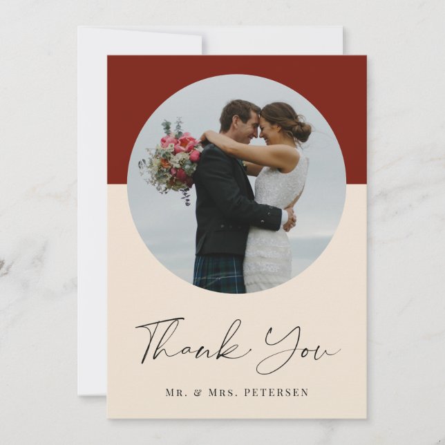 Modern elegant simple script photo wedding thank you card (Front)