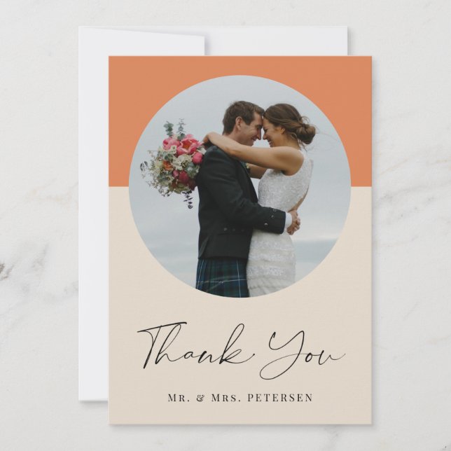 Modern elegant simple script photo wedding thank you card (Front)